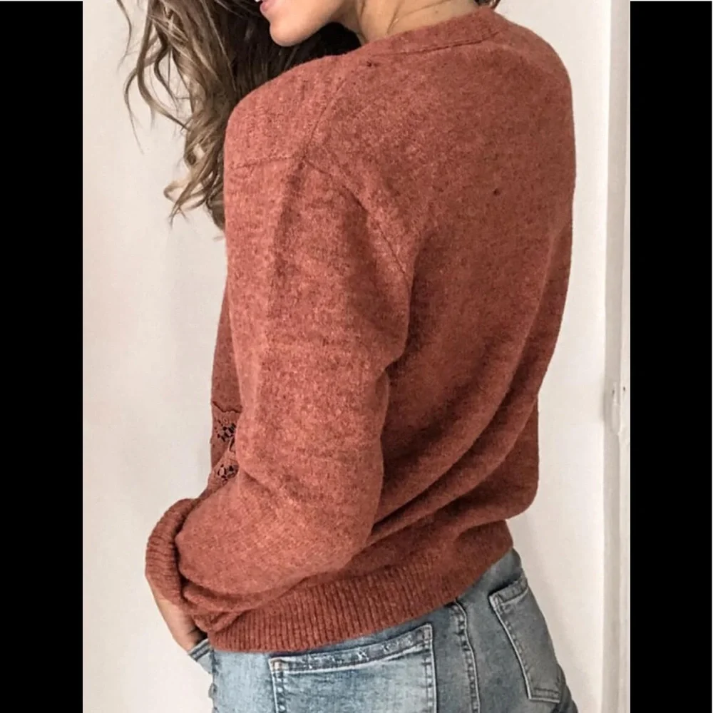 Deep V Neck Lace Patchwork Brick Rustic Red Button Up Cardigan Sweater